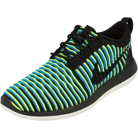 NEW Nike Roshe Two Flyknit Women's Shoes US Size 9 Black Photo Blue Volt Neon - Picture 2 of 14